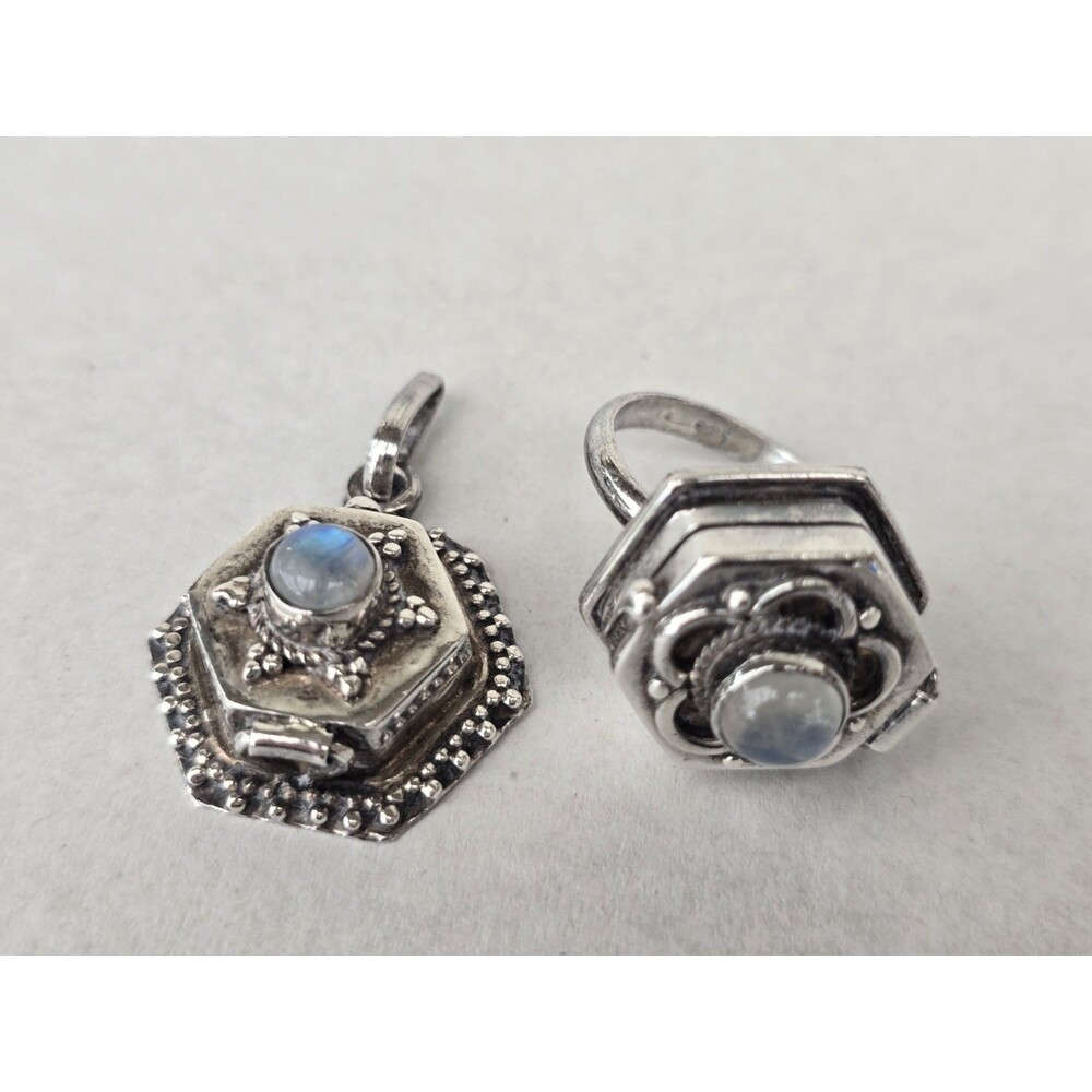 Sterling Silver Moonstone Locket Ring & Pendant Set 925 Hexagon